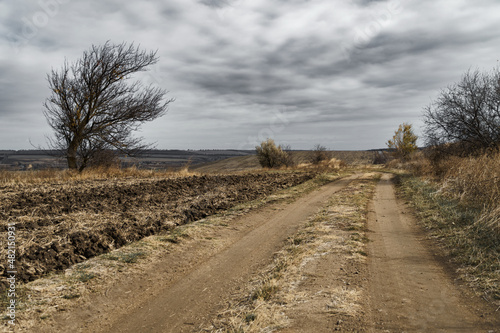 Obraz na plátně dramatic landscape, late autumn, dirt road through an agricultural field with dr