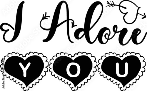 I adore you Heart arrow vector, illustration for 14 February,Valentines Design vector black and white hand lettering inscription