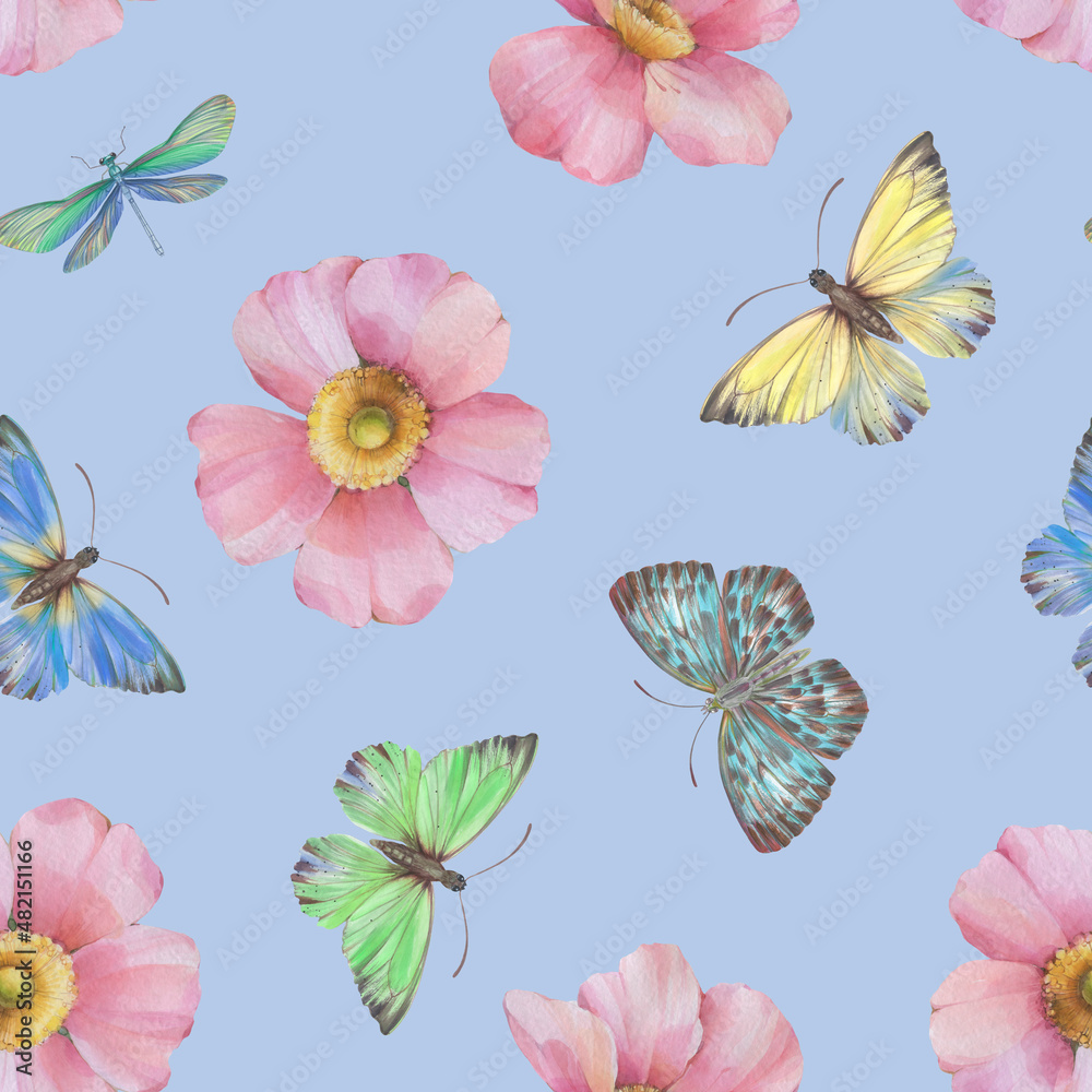 Seamless ornament for wrapping paper, design, print. Abstract Delicate flowers and butterflies are painted with watercolors, digitally processed. Botanical pattern on an abstract background. Seamless ornament for wrapping paper, design, print. Abstract Delicate flowers and butterflies are painted with watercolors, digitally processed. Botanical pattern on an abstract background.
