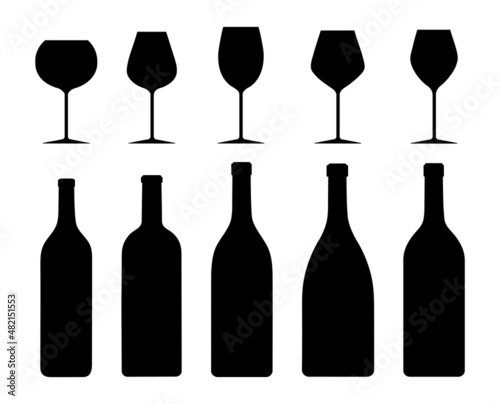 Set of different types of glass and bottle wine white background. Vector black and white wine glass in flat style.