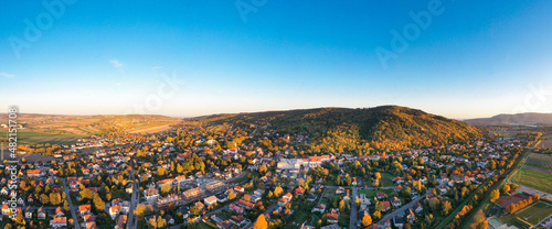 Bisamberg in the Korneuburg district. Weinviertel region in Austria. Panorama view to the town and hill close to Vienna. photo