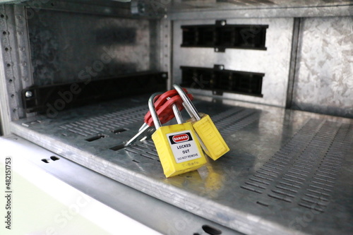 Lockout Tagout , Electrical safety system.Key lock switch or circuit breaker for safety protect.in electric room	