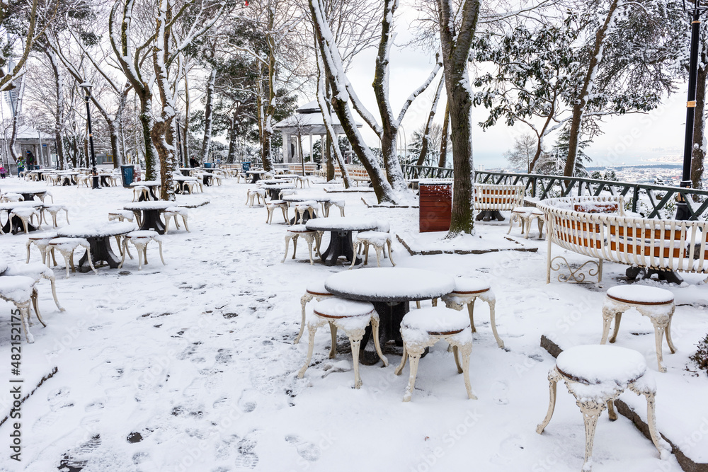 Snowy day in Camlica Hill. Istanbul, Turkey. Beautiful winter landscape in Istanbul.