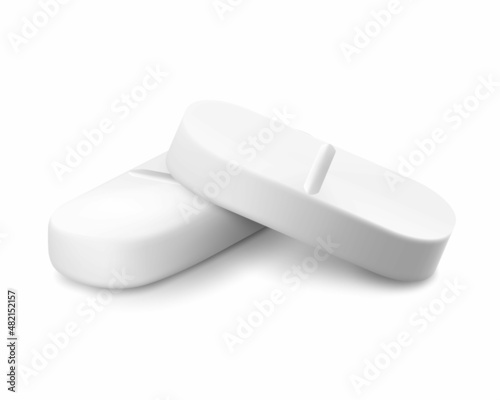 Realistic oval pills isolated on white background. Can be used for medical and cosmetic. 3d vector illustration, Isolated on white background.