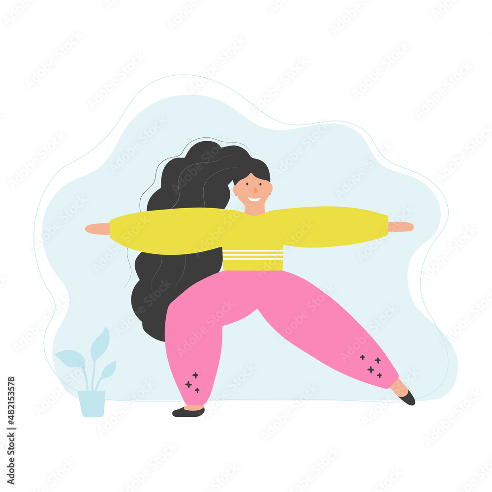 Sportive young woman doing yoga and fitness exercises. Healthy lifestyle. Vector in EPS format