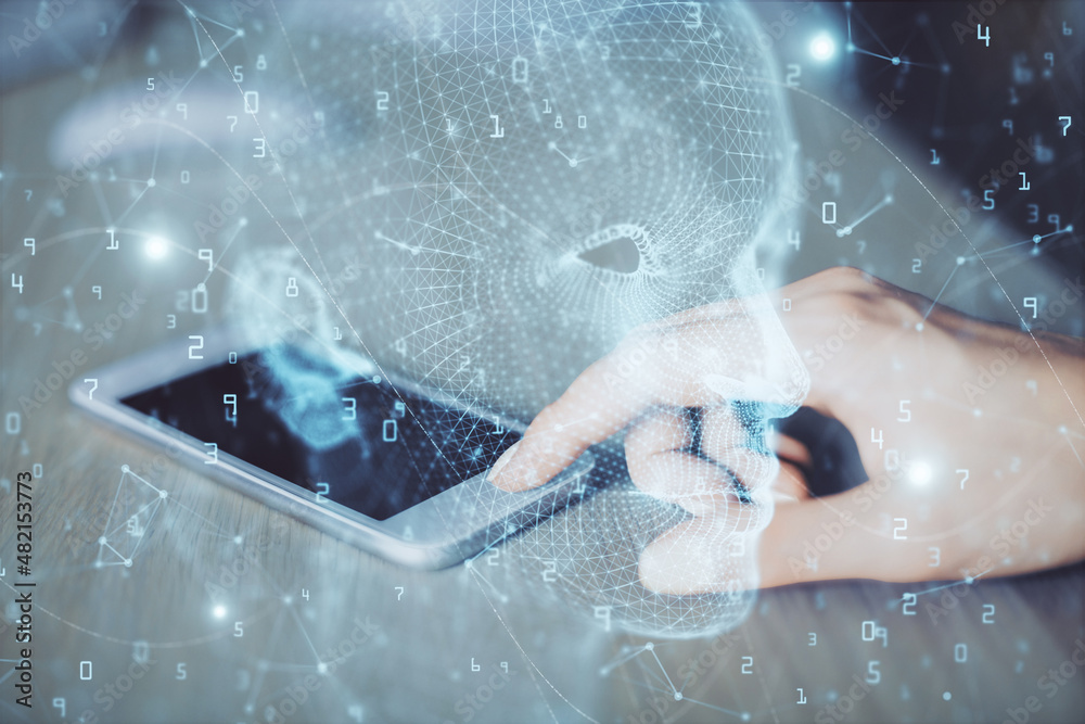 Double exposure of brain sketch hologram and woman holding and using a mobile device. Double exposure of brain sketch hologram and woman holding and using a mobile device.
