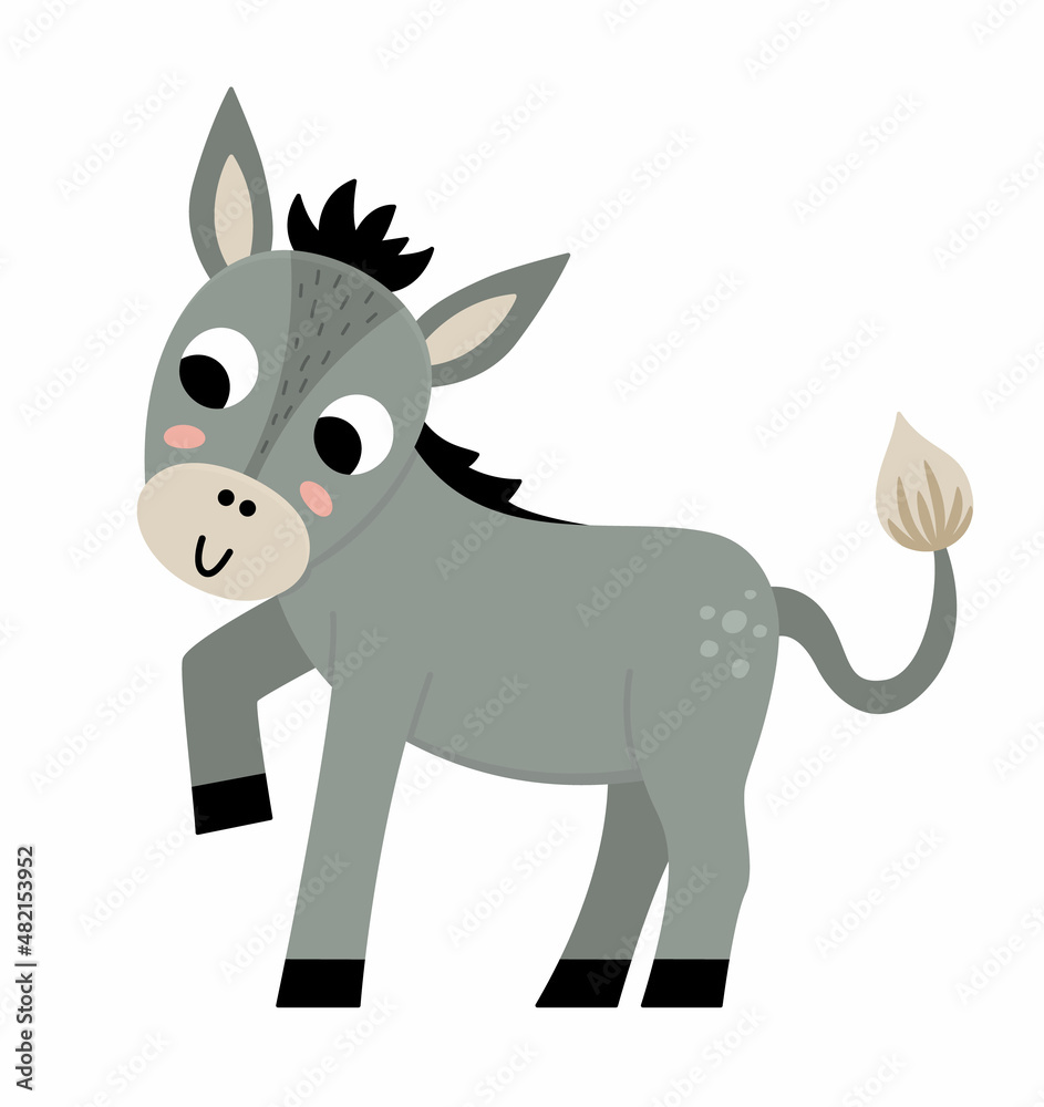 Vector donkey icon. Cute cartoon burro illustration for kids. Farm animal isolated on white background. Colorful flat cattle picture for children.