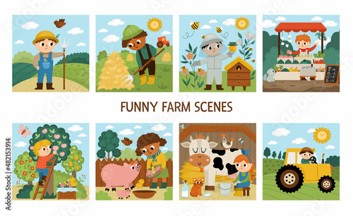 Vector farm scenes set. Cute kids doing agricultural work. Rural country landscapes with farmers. Children gathering hay, feeding animals, beekeeping, milking cow. Cartoon boys and girls.
