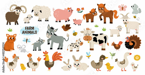 Fototapeta Naklejka Na Ścianę i Meble -  Big vector farm animals set. Big collection with cow, horse, goat, sheep, duck, hen, pig and their babies. Country birds illustration pack. Cute mother and baby icons. Rural themed nature collection.