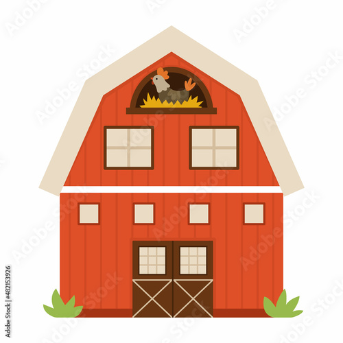 Vector barn icon isolated on white background. Flat farm shed illustration. Cute red woodshed with windows and hen in the nest. Rural or garden outhouse picture.