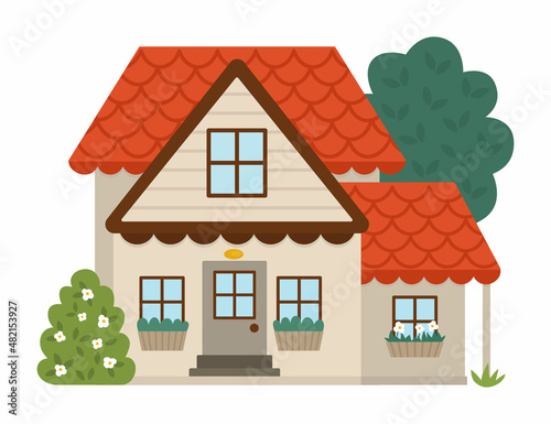 Vector country house icon isolated on white background. Flat farm cottage illustration. Cute red roofed wooden home with bush, windows, trees. Rural or garden landscape.