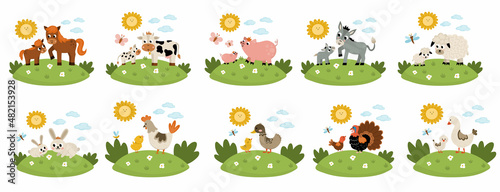 Vector farm animal scenes set. Collection with cow, horse, goat, sheep, duck, hen, pig and their babies. Cute country mother and baby illustration with grass background, sun, clouds.