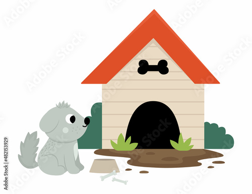 Vector doghouse icon with dog, bowl and bones isolated on white background. Flat farm kennel illustration. Cute red roofed wooden dog house with cute pet. Rural or garden scene.