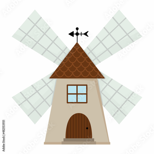 Vector windmill icon isolated on white background. Flat wind mill illustration. Cute farm house for grinding grain. Rural or garden outhouse picture.
