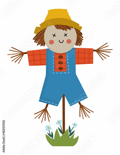 Vector scarecrow isolated on white background. Flat spring garden bugaboo illustration. Gardening equipment icon. Farm scary puppet