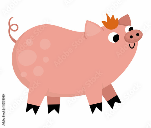 Vector pig icon. Cute cartoon swine illustration for kids. Farm animal isolated on white background. Colorful flat cattle picture for children.