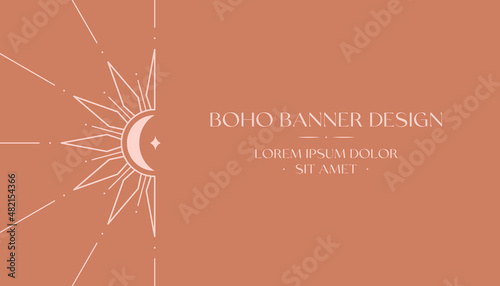 Vector bohemian logo design with sun,crescent moon and light rays.Boho linear icon or symbols in trendy minimalist style.Modern celestial emblem.Branding design,website banner template.