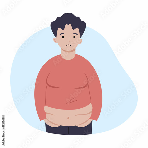Sad man with big belly. Obesity and nutritional problems. Overweight.