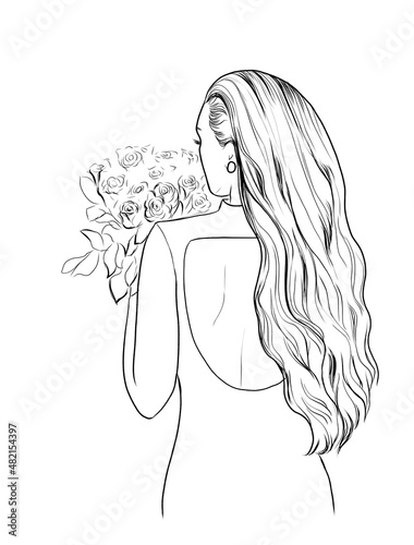 Girl with roses isolated illustration. Young woman in dress hand drawn. Girl with long hair with bouquet of flowers on background. Bouquet of roses 