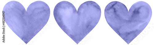 Watercolor purple hearts set. Valentine's day decoration. Very peri heart shapes. photo