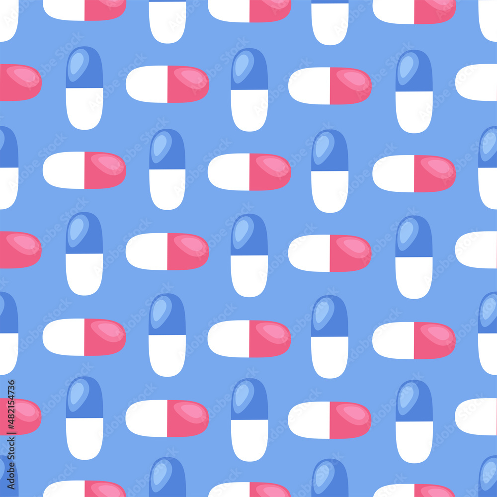 Pharmacy seamless tile pattern. Healthcare blue background. Colorful medical capsules. Vector flat illustration Pharmacy seamless tile pattern. Healthcare blue background. Colorful medical capsules. Vector flat illustration