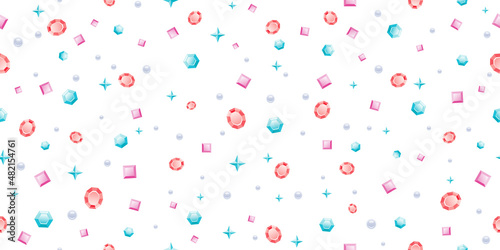 Gem pattern. Crystal diamond vector illustration. Seamless background with jewels. Cute shine quartz, diamond gemstone wallpaper. Geometric gem stone pattern. Fashion crystal mineral background
