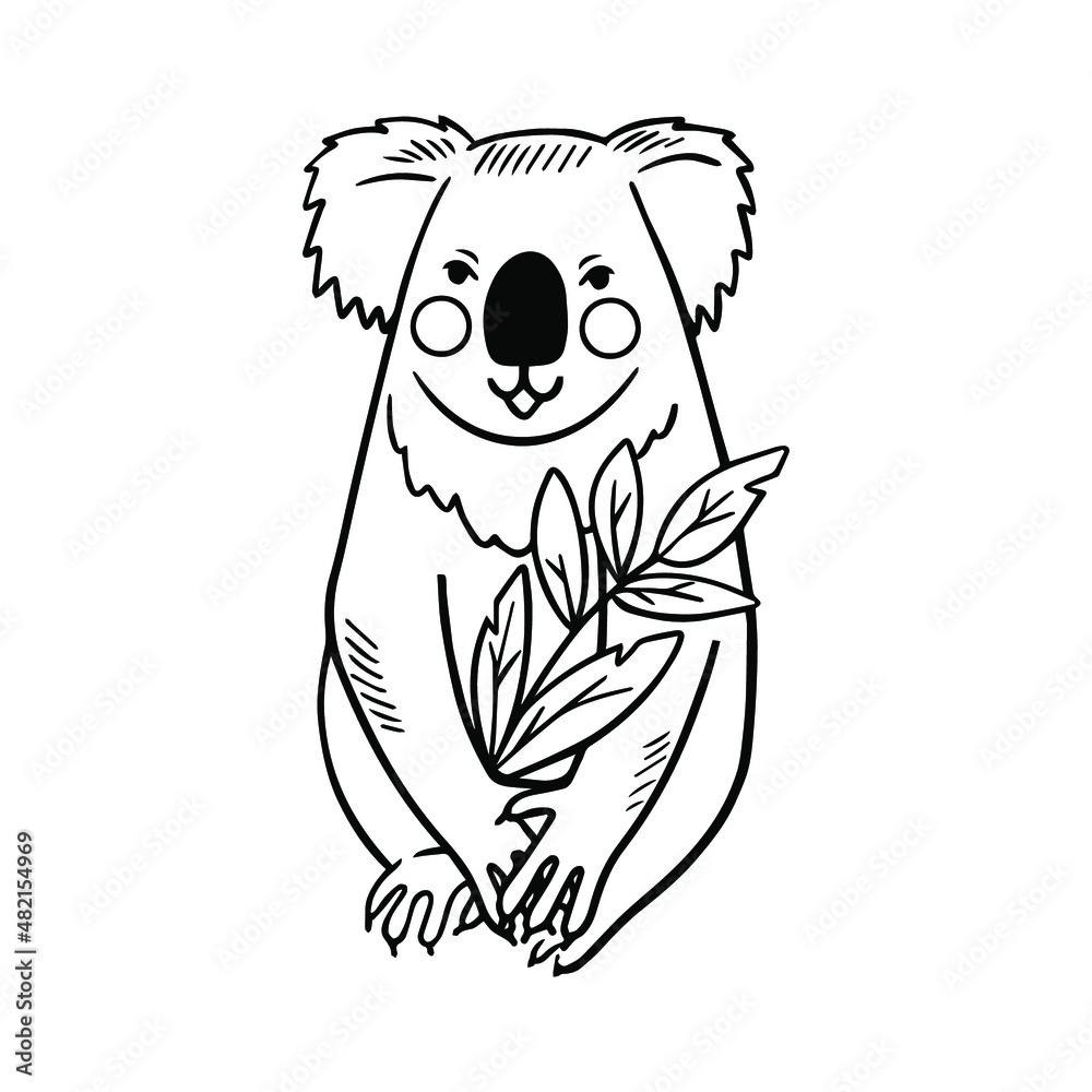 Fototapeta premium Beautiful linear koala illustration. Graphic animal. Simple contour vector animal drawing. Black line icon.