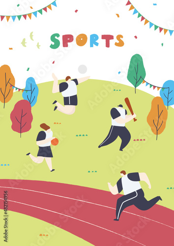 People enjoying sports. People who are  playing volley ball, basketball, baseball, and go jogging in the park.