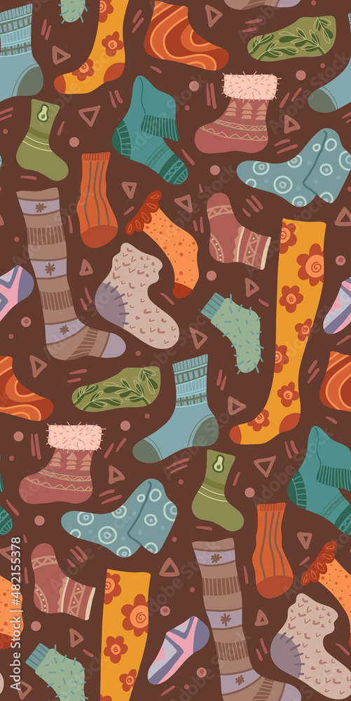 Seamless pattern with various cozy knitted socks and stockings on a dark background. Vector texture with cartoon clothes and doodle decorations in warm colors