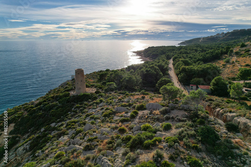 Drone view of an ancient medieval tower of Mediterranean Sea coast defence in Spain. Torre de la Corda in Oropesa, Spain photo