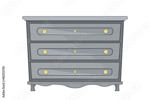 
Chest of drawers isolated on white background. Gray wooden commode on little legs.Piece of bedroom furniture and home interior.Dresser or bedside table for bedroom and living room.Vector illustration