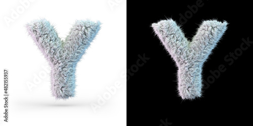 Capital letter Y. Uppercase. White fluffy font on black and white background. 3D