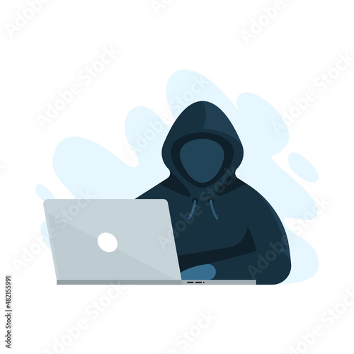 Hacker with laptop on white background, vector illustration