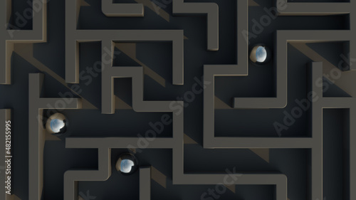 Metallic balls inside maze top view. Choices, challenge and puzzle concept. 3D rendering illustration. 