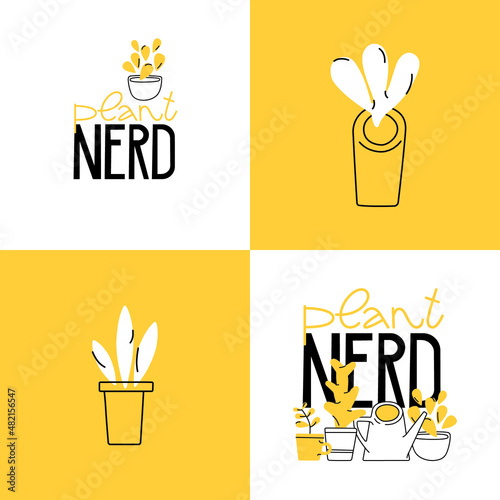 Vector set with lettering and indoor plants. Isolated illustrations for stickers, embroidery, badges, pins and clothing