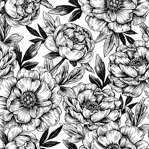 Fototapeta Naklejka Na Ścianę i Meble -  Illustration of graphic flowers and leaves. Seamless pattern for wallpaper and fabric design.