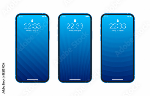 Different Variations Minimal Bright Blue 3D Smooth Lines Geometric Wallpaper Set Photo Realistic Smart Phone Screen Isolated On White Background. Vertical Abstract Blurred Screensavers For Smartphone