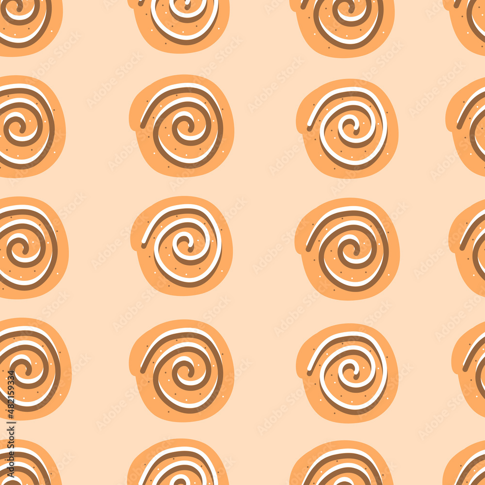Cinnamon bun seamless pattern. Sweet roll with sugar glaze and chocolate on beige background. Top view. Cinnamon bun seamless pattern. Sweet roll with sugar glaze and chocolate on beige background. Top view.