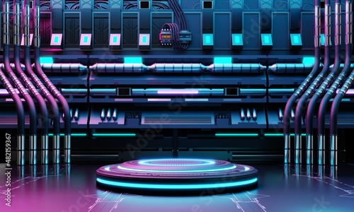 Fototapeta Naklejka Na Ścianę i Meble -  Cyberpunk sci-fi product podium showcase in spaceship base with blue and pink background. Technology and object concept. 3D illustration rendering