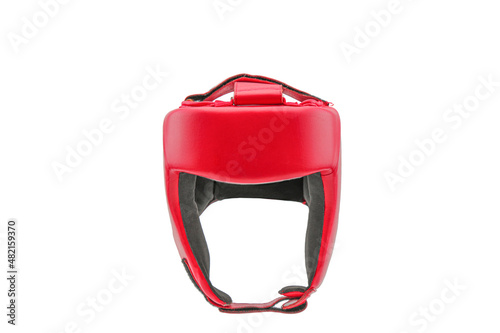 red leather boxing helmet close-up. is isolated on a white background. head protection. sports equipment
