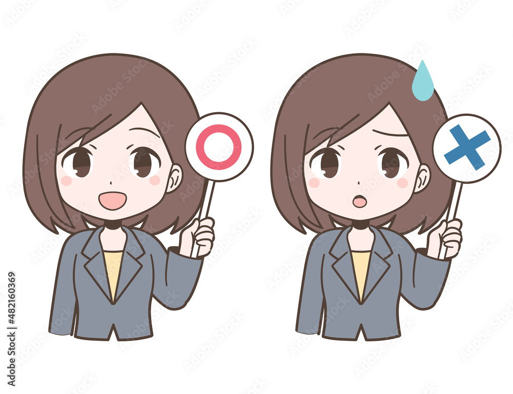 ビジネススーツ姿で丸とバツを持つ若い女性