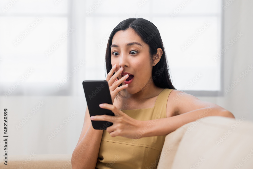 Asian woman using smartphone. Chatting video conference online sitting sofa in living room at home. Business Woman Shopping online store. Relax time at home Asian woman using smartphone. Chatting video conference online sitting sofa in living room at home. Business Woman Shopping online store. Relax time at home