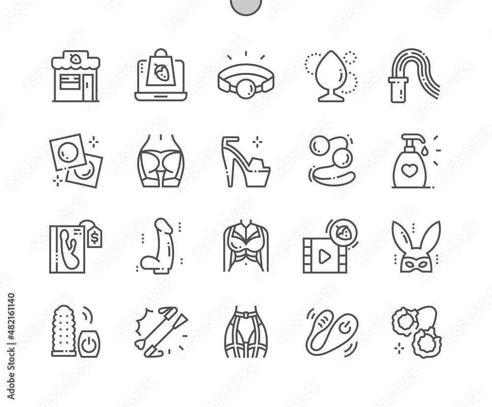 Sex shop. Anal bubbles, woman harness, lubricant and vibrator. Erotic video. Female lingerie. Pixel perfect vector thin line icons. Simple minimal pictogram Sex shop. Anal bubbles, woman harness, lubricant and vibrator. Erotic video. Female lingerie. Pixel perfect vector thin line icons. Simple minimal pictogram