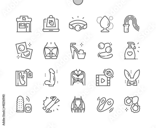 Sex shop. Anal bubbles, woman harness, lubricant and vibrator. Erotic video. Female lingerie. Pixel perfect vector thin line icons. Simple minimal pictogram