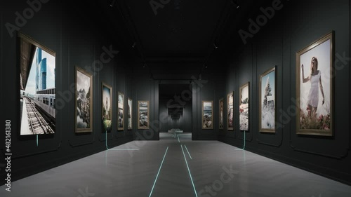The concept of modern art museum. NFT Museum. NFT Crypto Art. Exhibition of digital art. Concept of traditional art into digital. NFT with digital technology. 3d animation