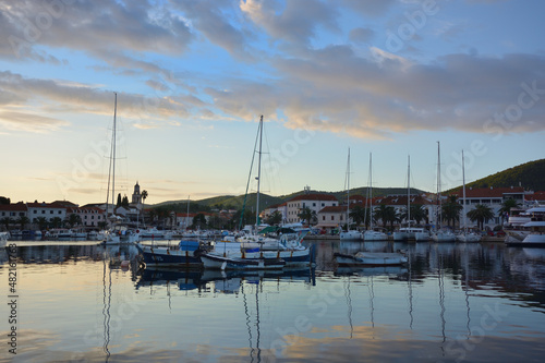 Morning view of the harbour in Vela Luca, Croatia