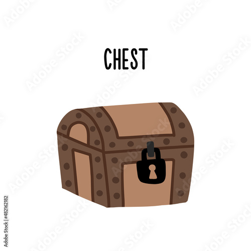 Images of an old wooden chest with a padlock in the flat style