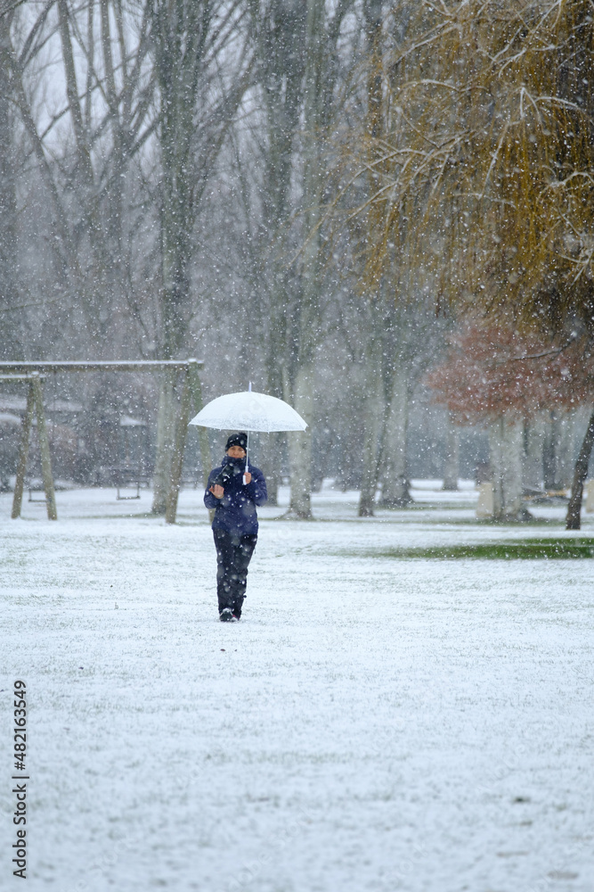 Candamia park snowy day in winter girl walking with her photo camera and holding an umbrella, Leon Spain Candamia park snowy day in winter girl walking with her photo camera and holding an umbrella, Leon Spain