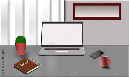 A vector image showing an office or work at home desk. Typical items people need in order to do their work. 