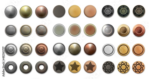 Metal rivets. Realistic antique bronze copper and steel round dress buttons. Vintage sewing accessory. Top view of various dressmaking fasteners. Vector clothing fasten elements set